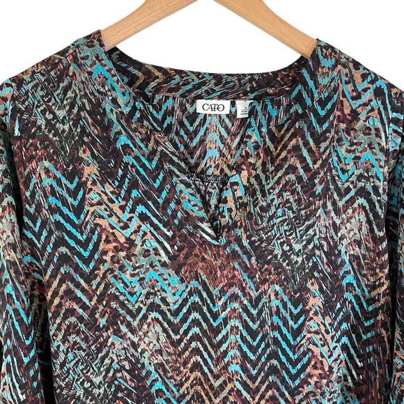CATO Women's Roll Tab Sleeve Work Blouse Top Abstract Print Turquoise Small Boho - Picture 3 of 8